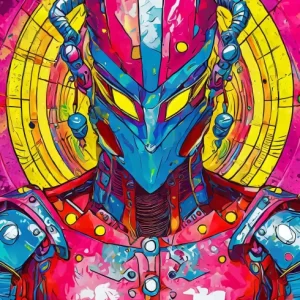 Tableau coloré dans le style Pop Art représentant un portrait robotique avec une palette de couleurs vives et un fond abstrait dynamique.