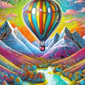 Tableau d'un paysage fantastique avec montgolfière colorée survolant des montagnes, des vallées et rivières, sous un ciel abstrait et vibrant.