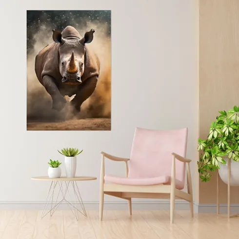 Tableau représentant un rhinocéros en mouvement, idéal pour la décoration murale moderne et audacieuse.