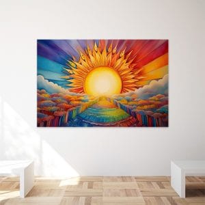 Découvrez le tableau Soleil d'arc-en-ciel, une œuvre lumineuse et vibrante pour illuminer votre salon. Livraison rapide et satisfaction garantie.