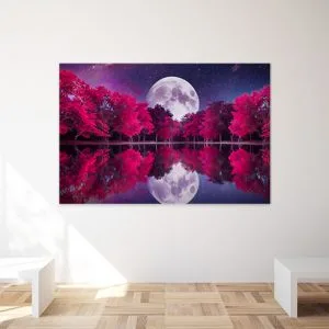 Découvrez "Évasion Onirique", un tableau enchanteur de forêt rouge et pleine lune, parfait pour sublimer votre intérieur. Livraison rapide et satisfaction garantie.