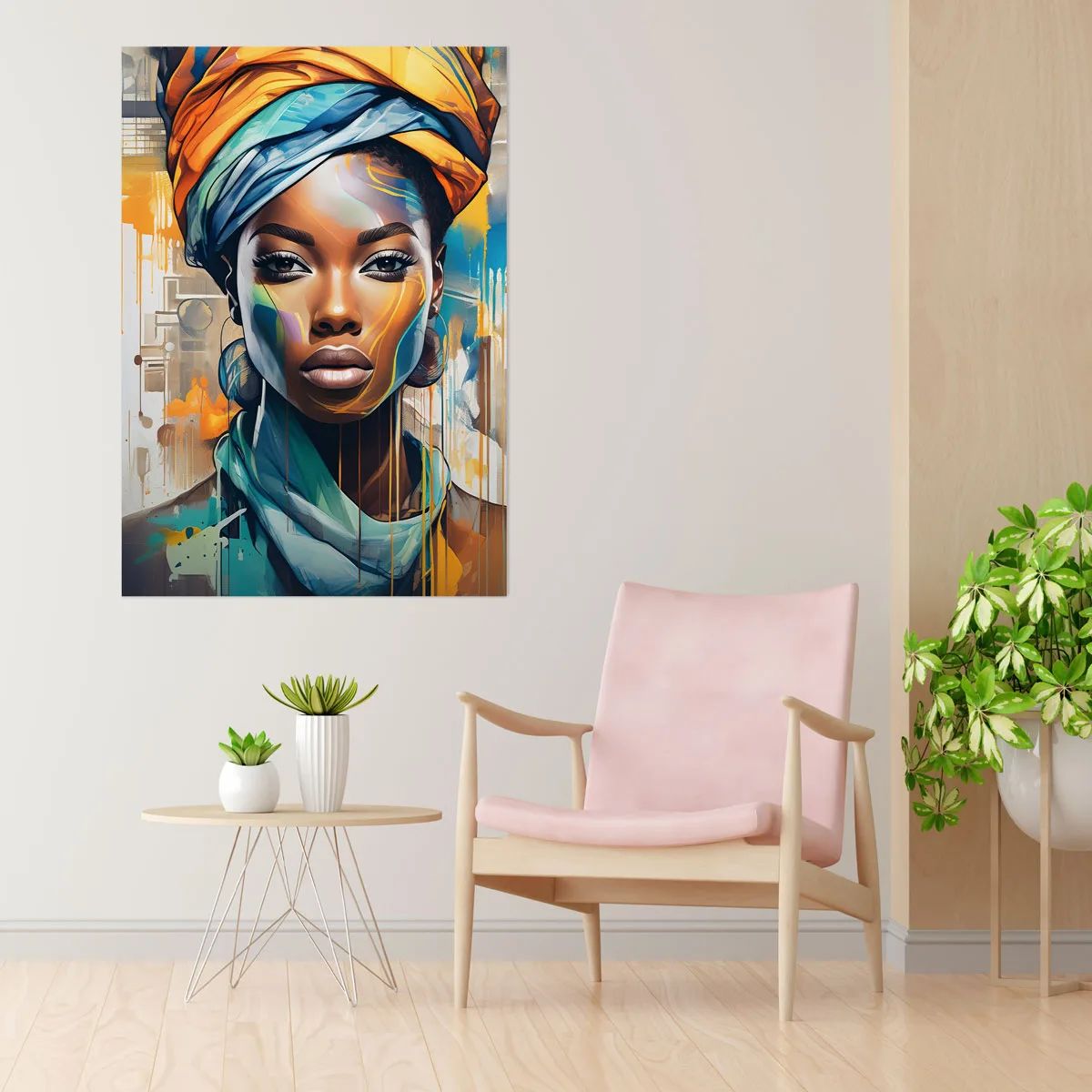 Tableau d'art moderne représentant une femme africaine avec des couleurs vives et une expression sereine.