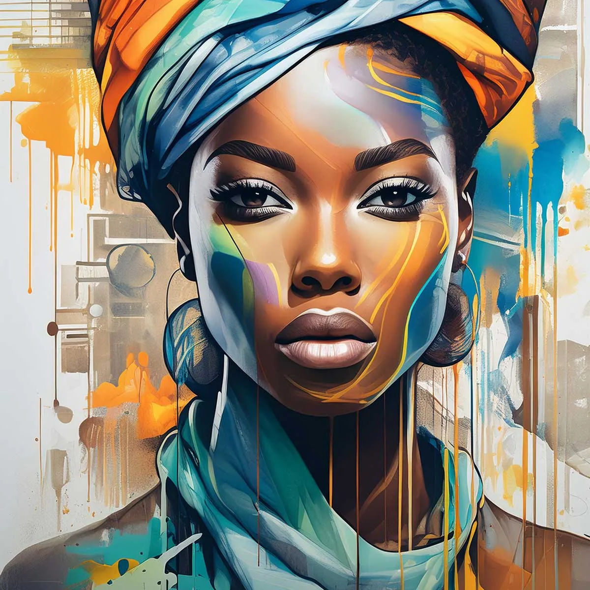 Portrait vibrant de femme africaine avec un foulard coloré en bleu, orange et jaune, sur un fond artistique moderne.
