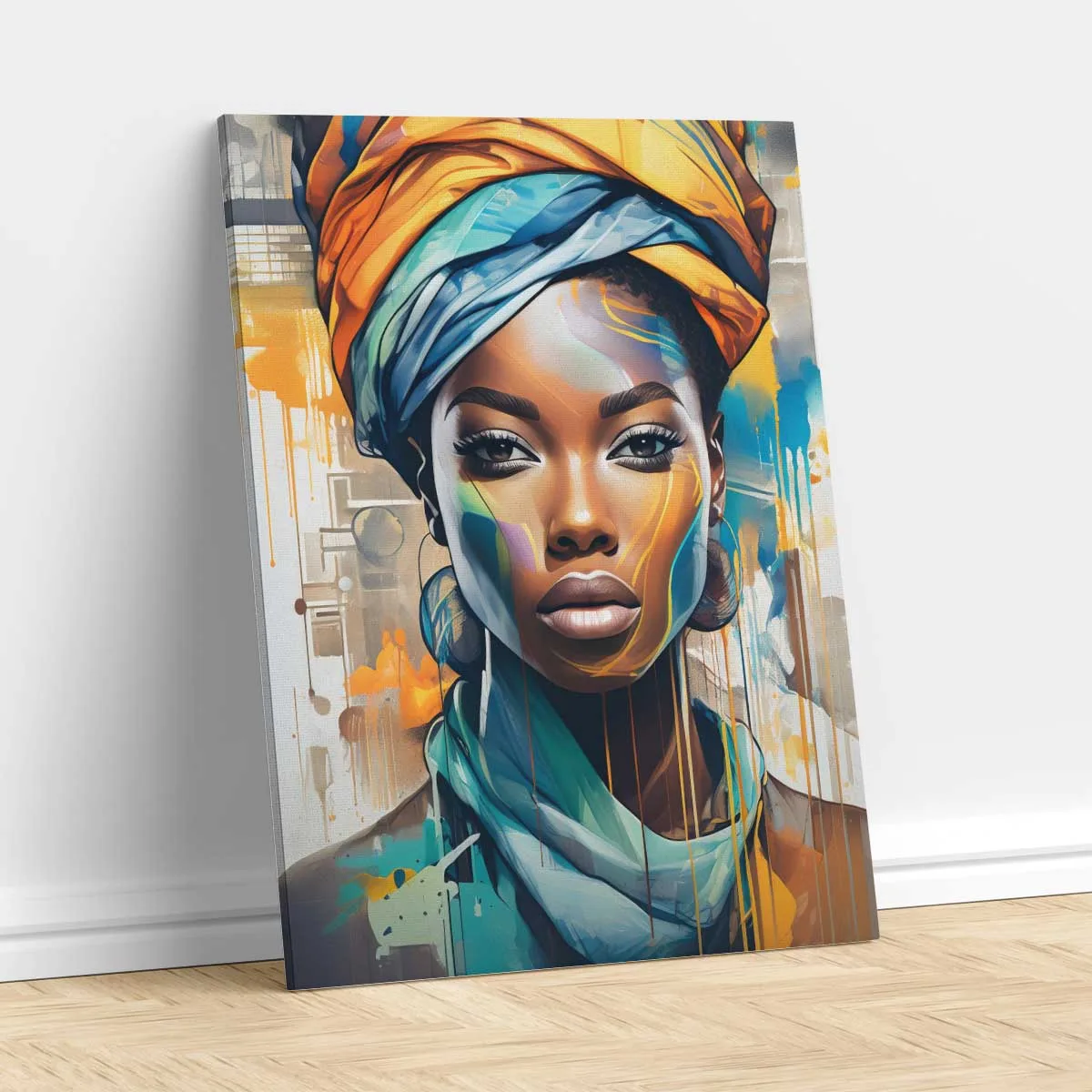 Illustration artistique d'une femme africaine portant un foulard multicolore, mettant en valeur la culture et l'élégance.