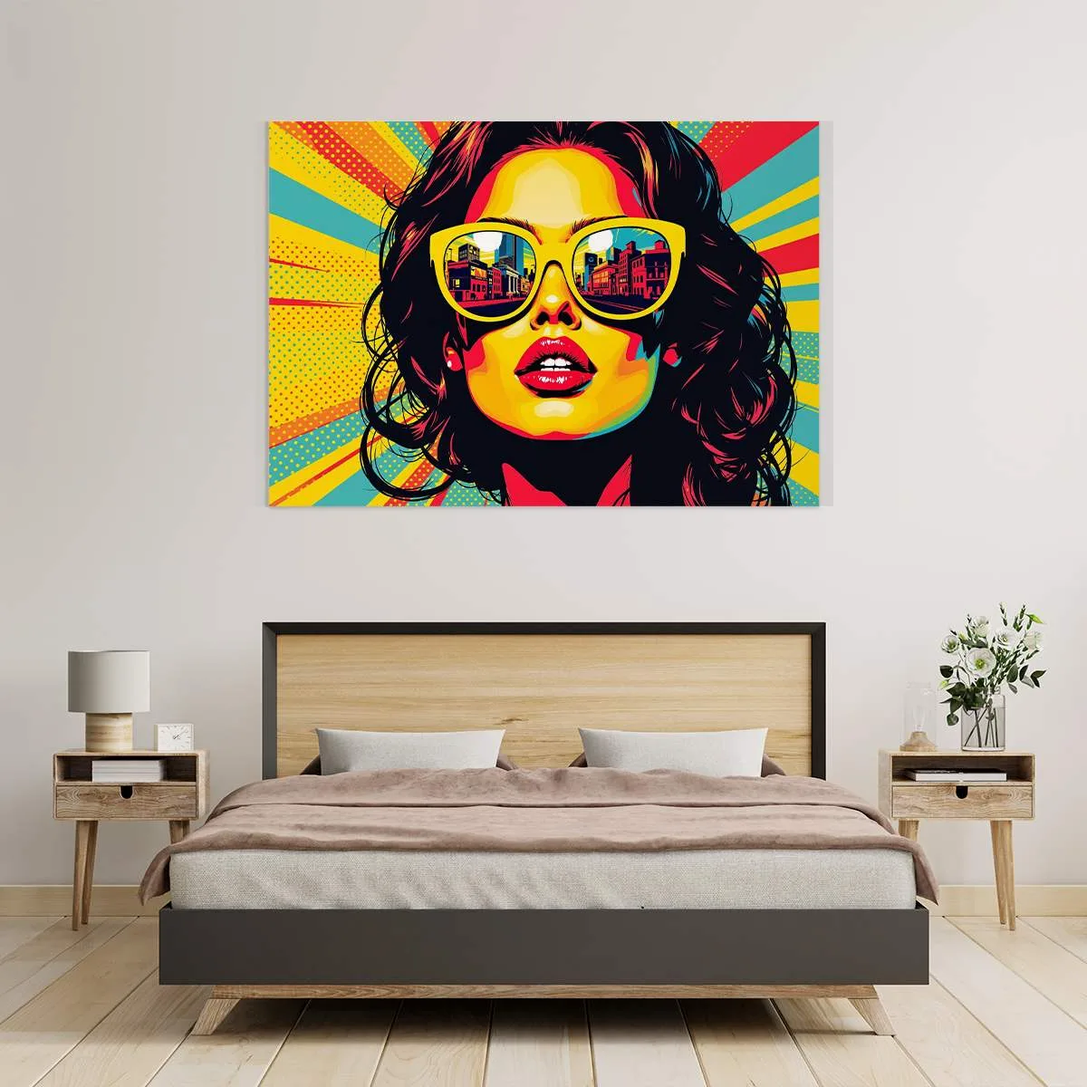 Tableau "Portrait Pop Art Femme" affiché dans une chambre moderne, ajoutant une touche vibrante et artistique à l’espace