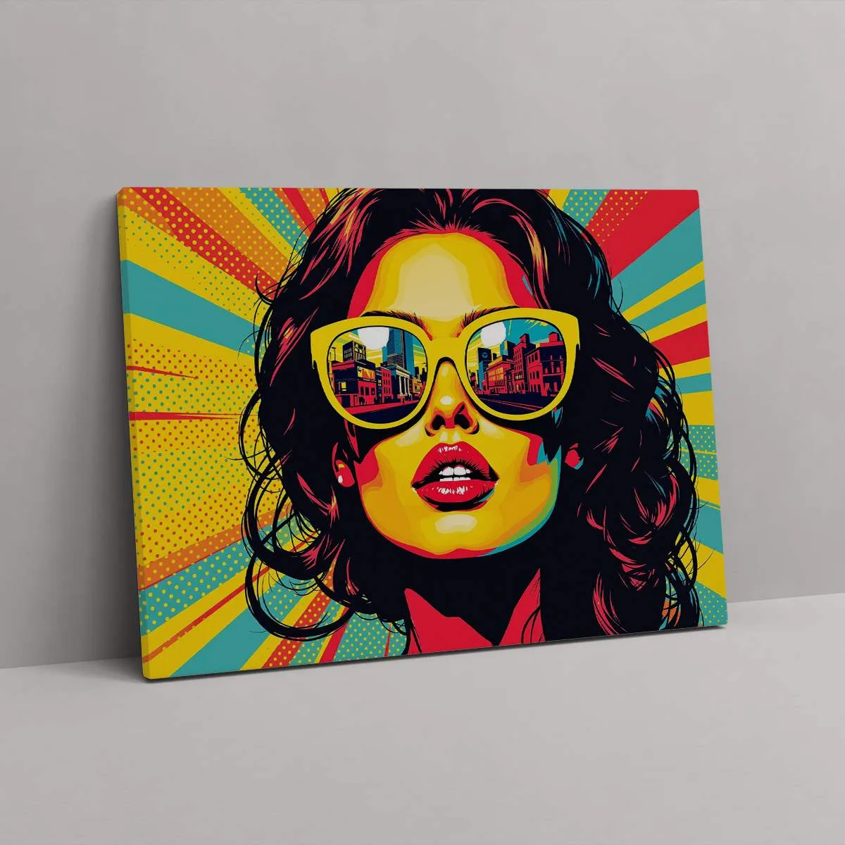 Tableau "Portrait Pop Art Femme" présenté avec un châssis en bois, parfait pour une décoration colorée et contemporaine