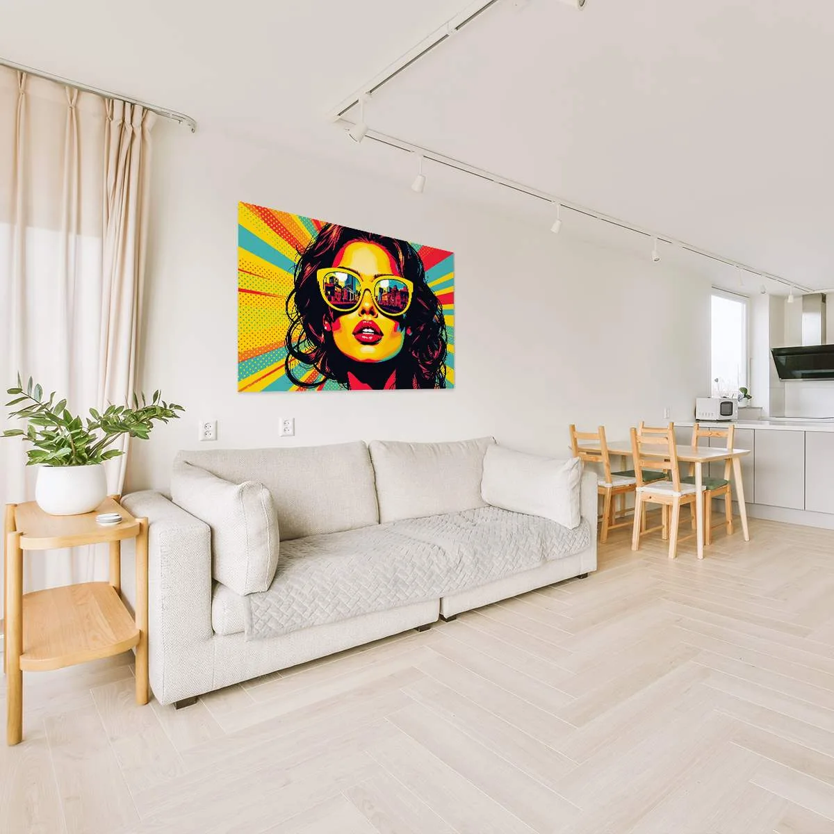 Tableau mural "Portrait Pop Art Femme" affiché dans un salon lumineux, apportant une ambiance audacieuse et rétro
