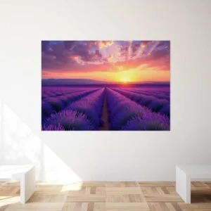 Tableau "Champ de Lavandes au Coucher de Soleil", représentant un champ de lavandes provençal sous un coucher de soleil vibrant, idéal pour une décoration apaisante