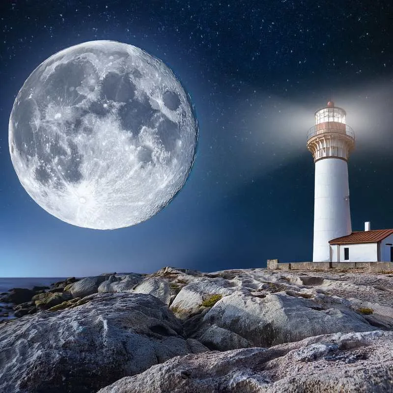 Détail du tableau "Phare Lunaire" montrant la texture du phare et de la lune, impression haute qualité pour décoration murale