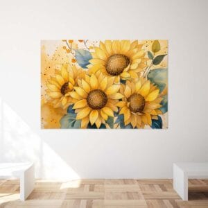 Tableau représentant des tournesols peints à l’aquarelle, sur un fond doux et lumineux, parfait pour une décoration murale élégante et naturelle
