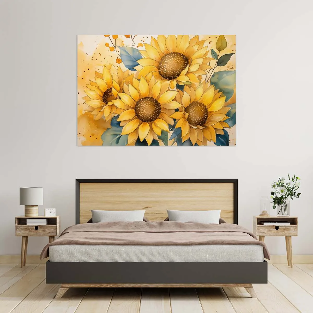 Tableau "Tournesols à l'Aquarelle" affiché dans une chambre contemporaine, créant une ambiance apaisante et lumineuse