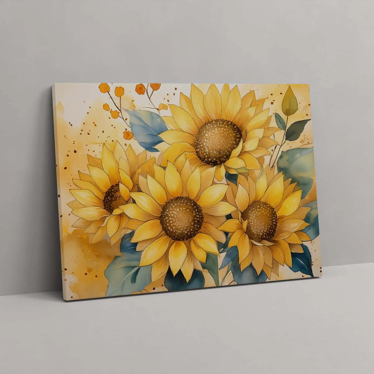 Tableau "Tournesols à l'Aquarelle" présenté avec un cadre en bois naturel, parfait pour une décoration murale florale et chaleureuse