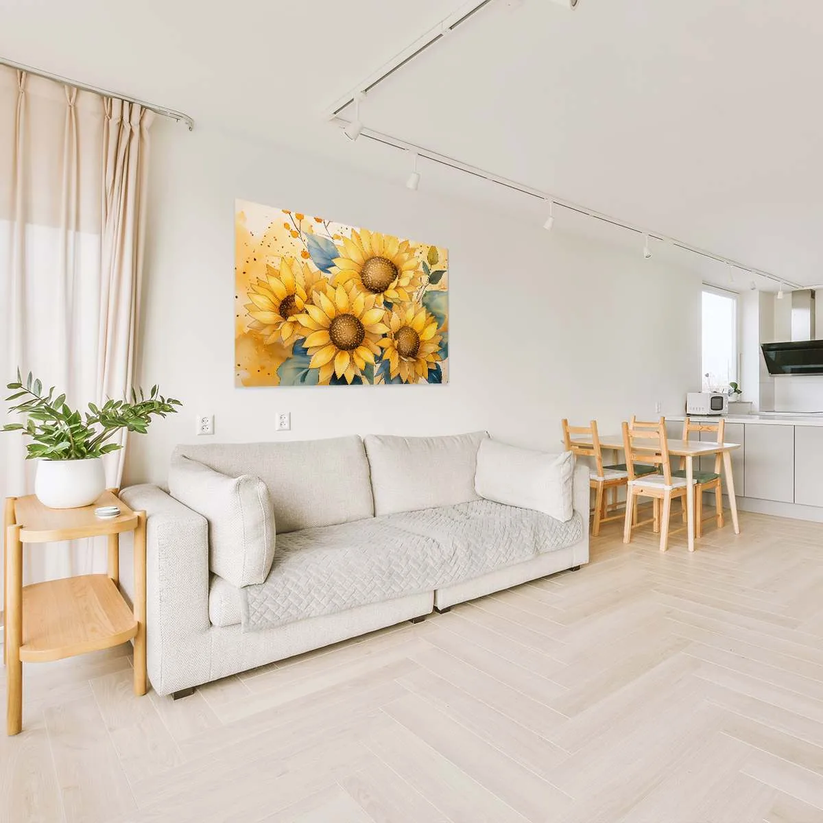 Tableau mural "Tournesols à l'Aquarelle" installé dans un salon moderne, ajoutant une touche de couleur et de nature