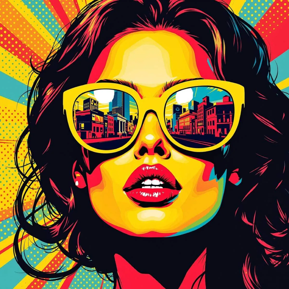 Gros plan sur le tableau "Portrait Pop Art Femme", mettant en valeur les détails éclatants des couleurs et des motifs