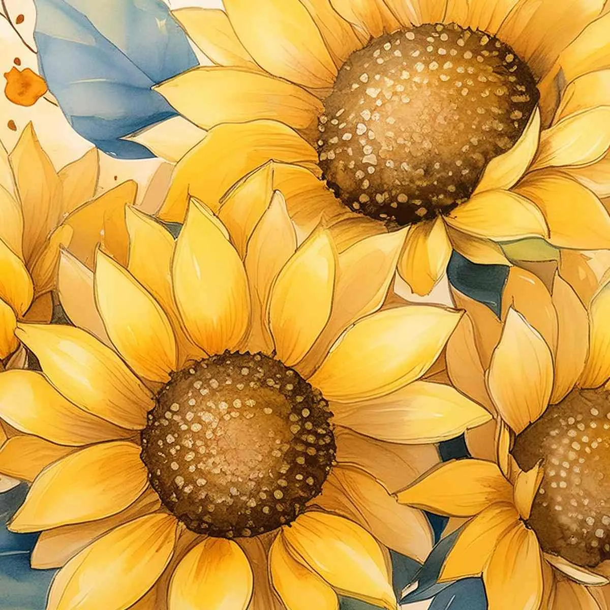 Gros plan sur le tableau "Tournesols à l'Aquarelle", mettant en valeur les textures et les détails des fleurs peintes à l’aquarelle