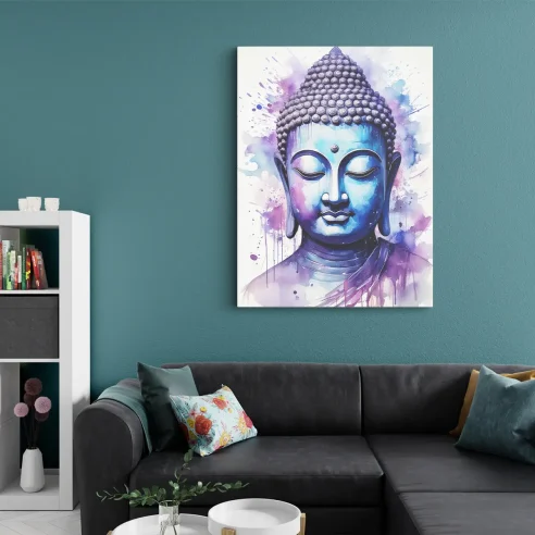 Impression d'art représentant un visage de Bouddha en aquarelle avec des éclaboussures de peinture bleues et violettes sur fond blanc, style contemporain