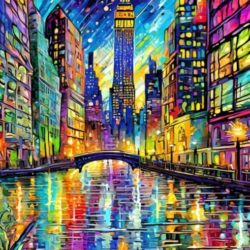 Tableau urbain dynamique représentant une vue nocturne colorée d'une ville animée avec des reflets sur l'eau.